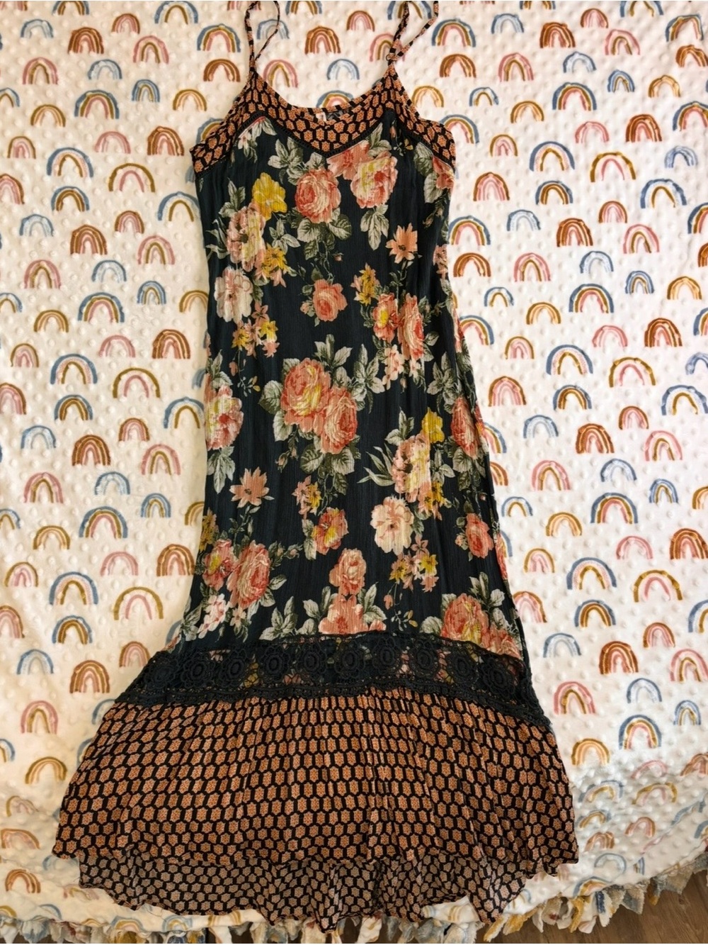 Xhilaration Black Floral Maxi Boho Slip Dress with Lace Trim